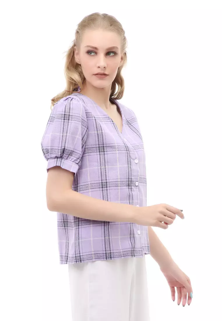 Holly Atasan Kasual Kemeja Crop Top Wanita Lengan Pendek Material Cotton ORIGINAL - Purple