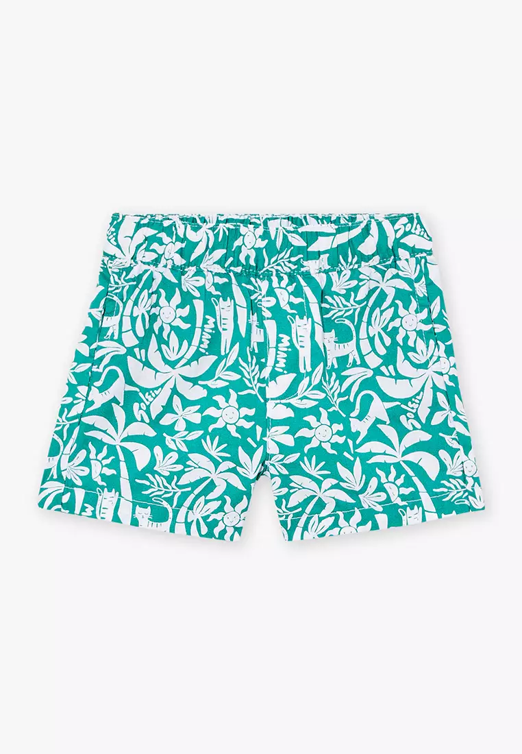 GREEN AND ECRU SHORTS WITH PALM AND SUN PRINTS