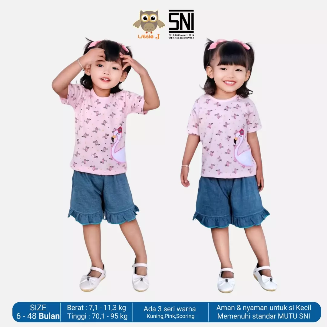 Little J Setelan Baju Anak Cewek Oblong Lengan Pendek Kaos Polos Set Celana Motif Usia 6 Bulan Hingga 48 Bulan