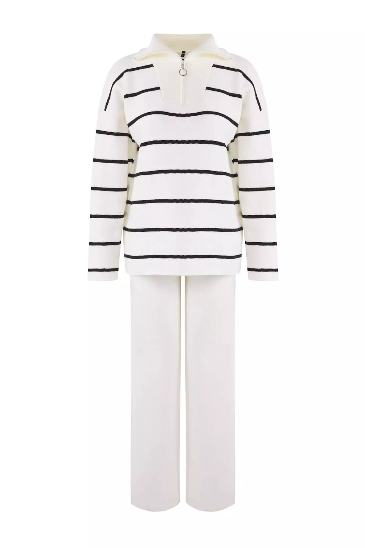 Ecru Loose Fit Zippered Knitwear Top And Bottom Set Twoaw24Au00025