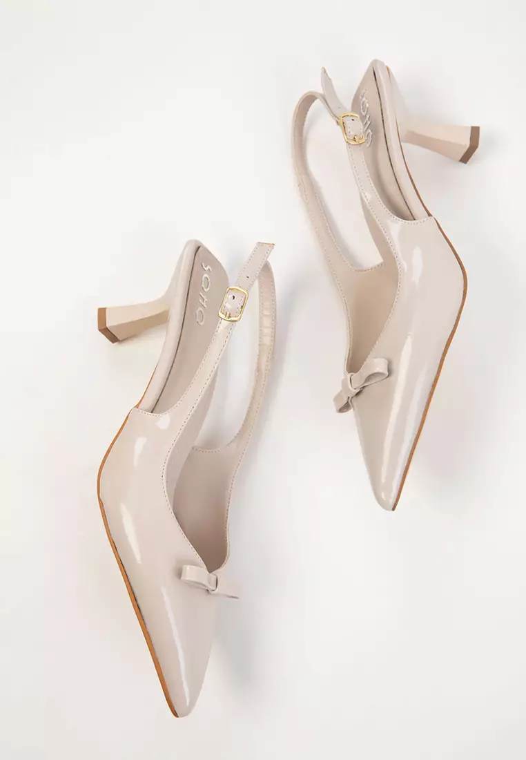 Beige Patent Leather Women's Classic Heeled Shoes 20597