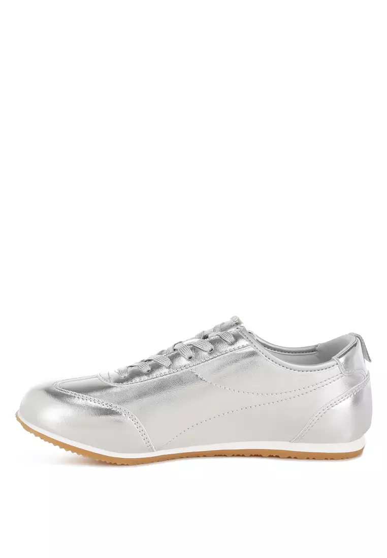Metallic Faux Leather Sneakers in Silver