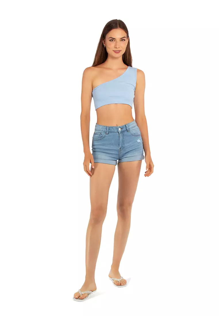 Light Blue Asymmetrical Basic Crop Top
