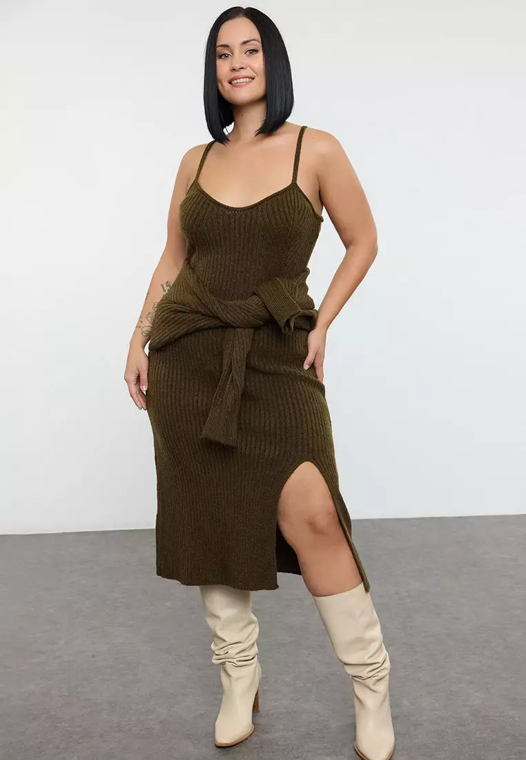 Khaki Ribbed Slit Midi Length Knit Dress & Bolero Set Tbbaw25Ah00070