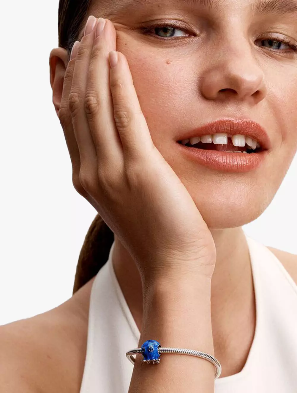 Octopus sterling silver charm with true blue crystal and blue enamel