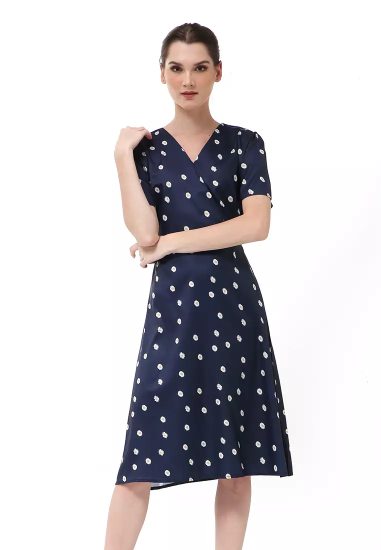 Rachel Dress Wanita Lengan Pendek Motif Polka Material Chiffon ORIGINAL - Dark Blue