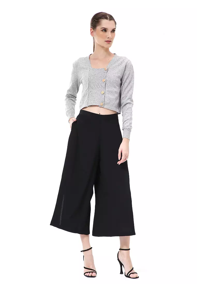 Albertine Atasan Wanita Top Lengan Panjang Model Kancing Samping Material Rajut ORIGINAL - Gray