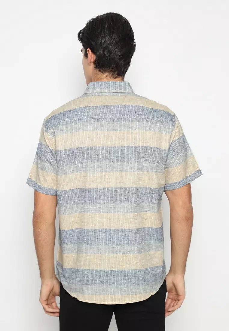 POLICE Kemeja Salur Printing Biru Beige Regular Fit Pria