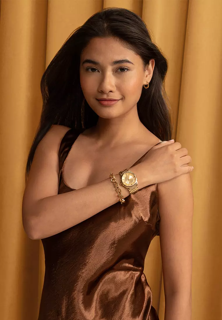 Olivia Burton Champagne Sunray Dial with CD Textured Outer Ring GP Honeycomb Link Bracelet 34mm - 24000201