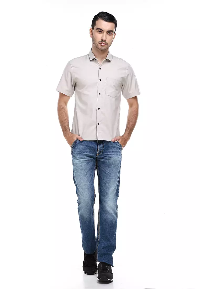Dwan Casual Shirt Kemeja Polos Pria Lengan Pendek Kasual Formal Material Cotton ORIGINAL - Cream