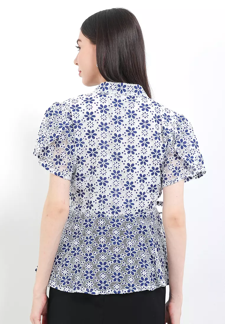 Blouse Atasan Batik Wanita Kutubaru Kiara Brokat Brukat Barcode White Lengan Pendek