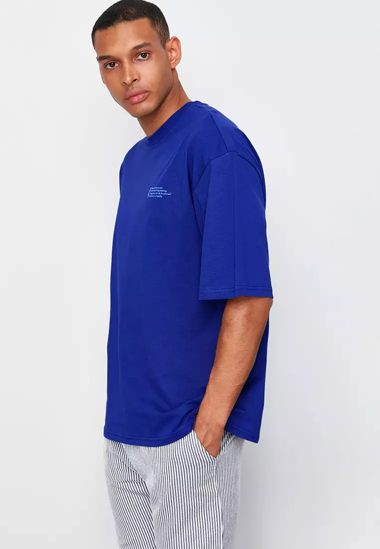 Saks Oversize 100% Cotton Crew Neck Minimal Text Printed T-shirt TMNSS23TS00084
