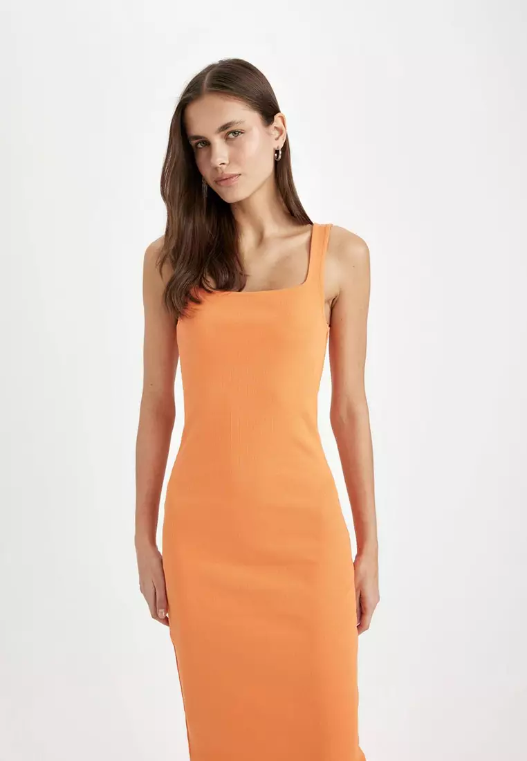 Bodycon Fitted Basic Plain Square Neck Ribbed Camisole Sleeveless Midi Dress