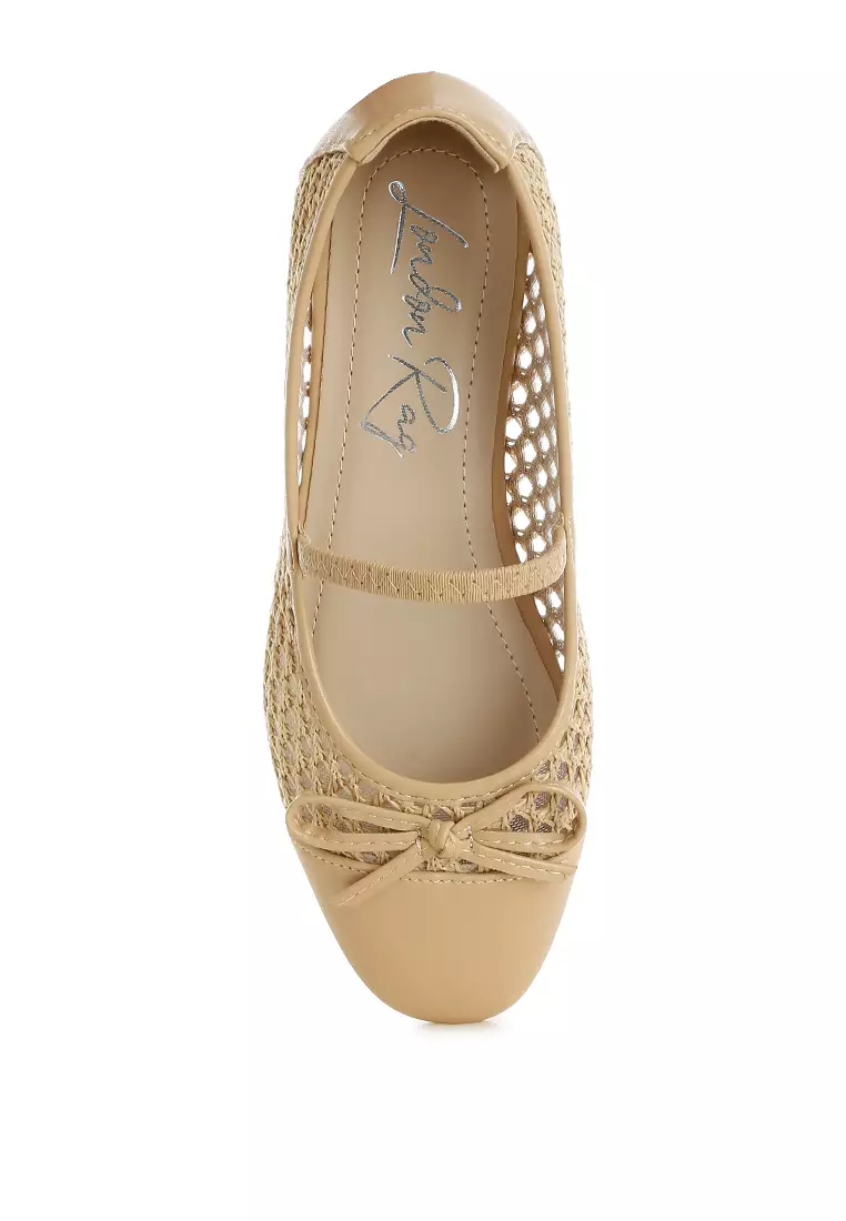 棕褐色編織蝴蝶結細節芭蕾舞平底鞋