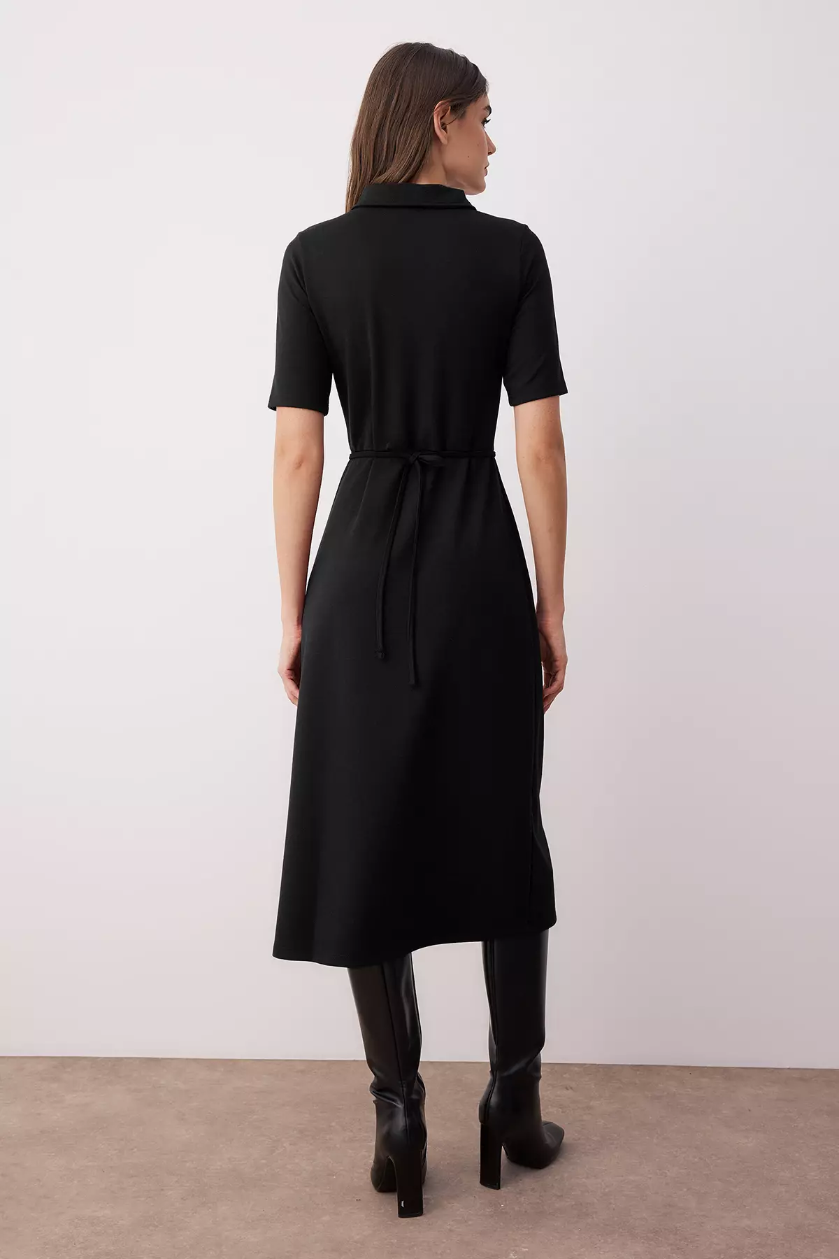 Black Belted Three Quarter Sleeve A-Line/Flared Plain Midi Knit Dress