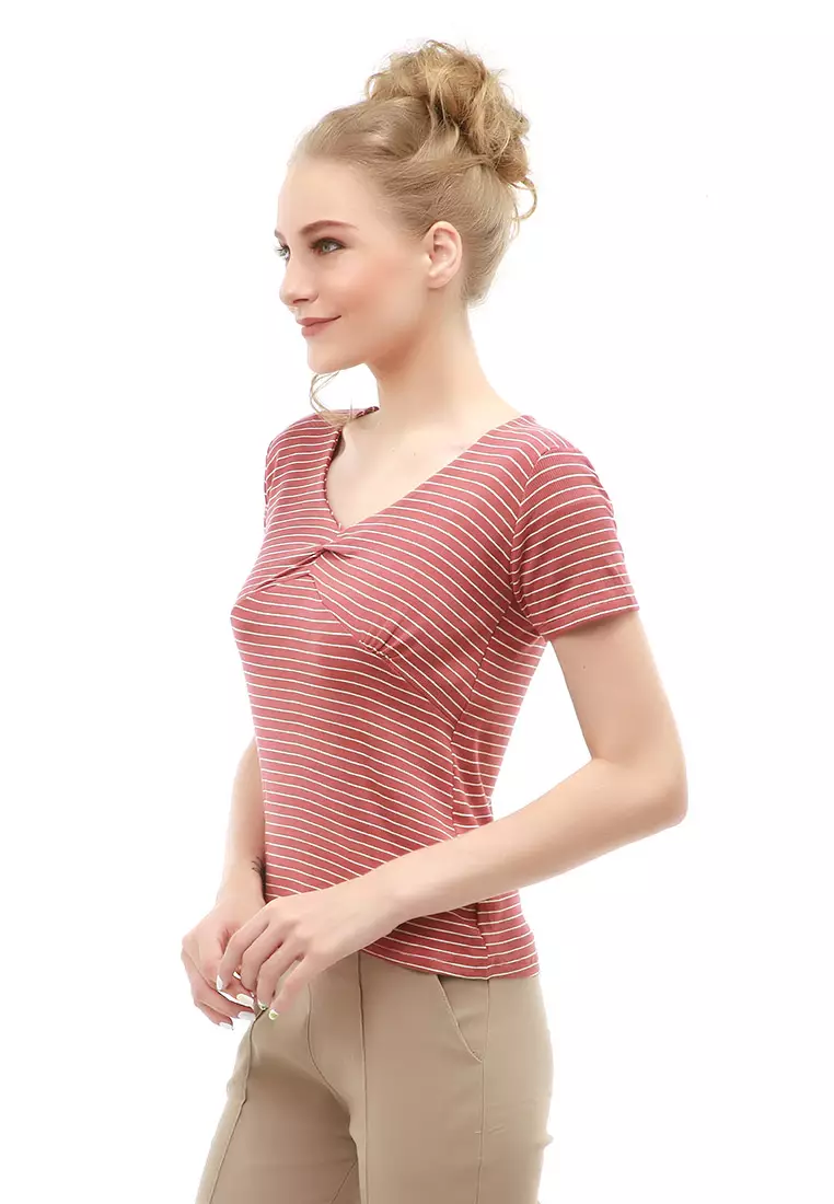 Genevie Blouse Kasual Wanita Lengan Pendek Model Salur Variasi Kerut Tengah Material Cotton ORIGINAL - Bata