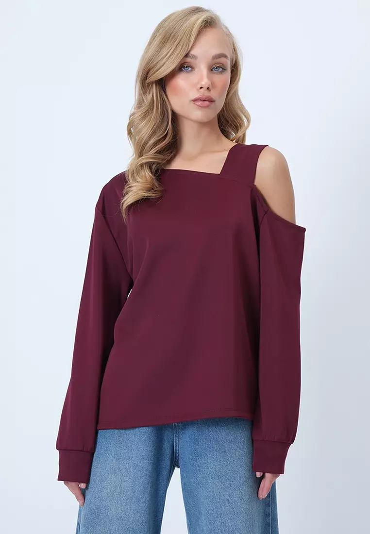 Asymmetric Cut Shoulder Band Detailed Knitted Blouse Alc-X14574