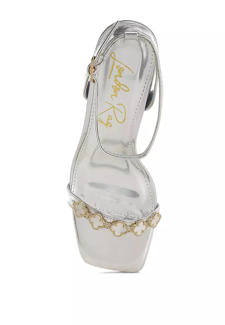 Charm Detail Spool Heels In Silver