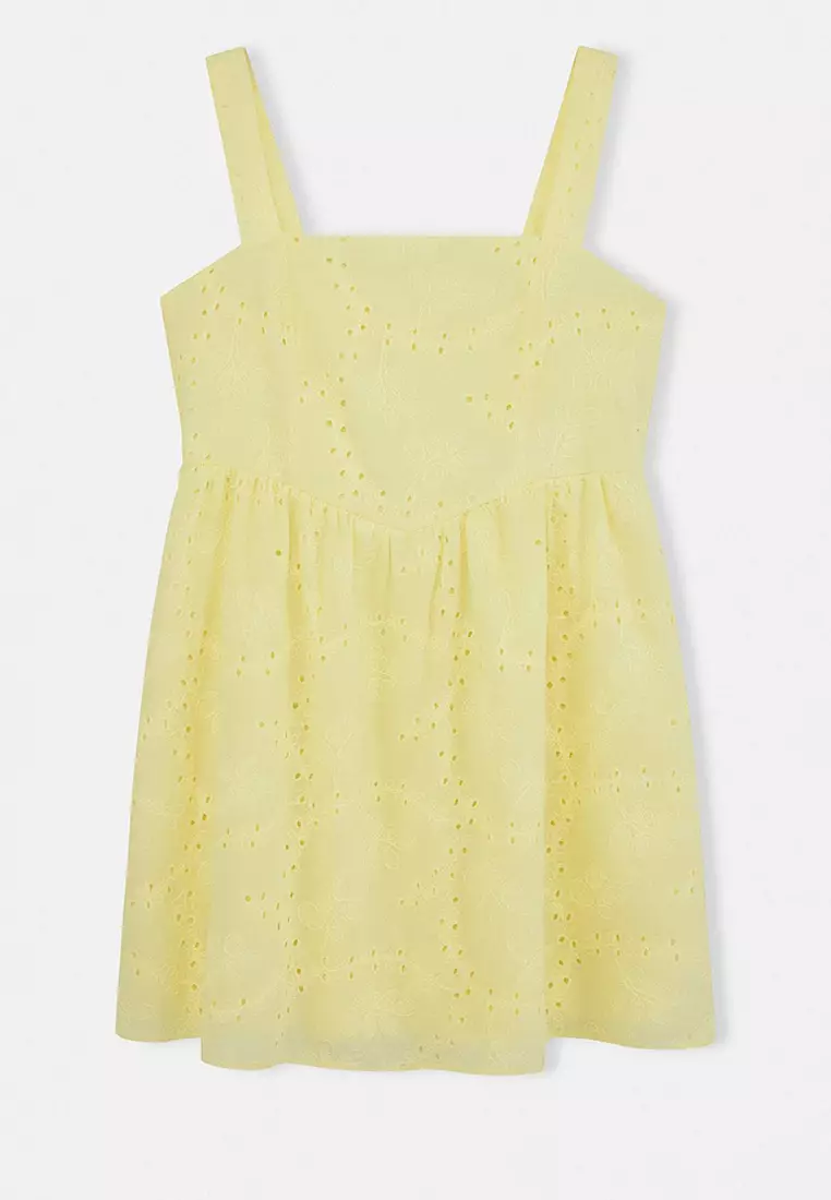 Yellow Brode Mini Square Collar Woven Plus Size Dress Tbbss26Ah00064