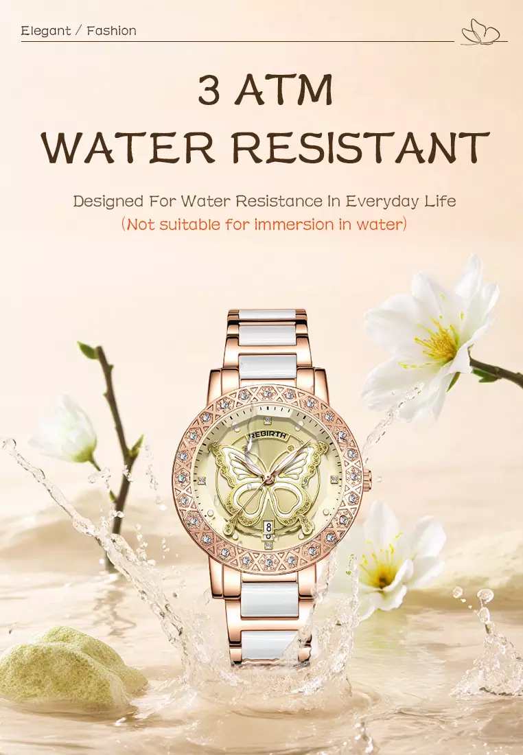 Jam Tangan Wanita Desain Kupu-Kupu Berlian Kristal Kalender Tali Stainless Steel Ceramic Anti Air Warna rosegreen