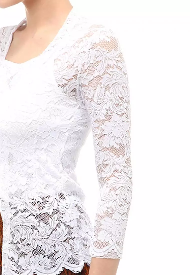 Hara Kebaya Seri 1 Motif Brokat Long Sleeves Atasan Wanita Transparan Premium Quality - Putih