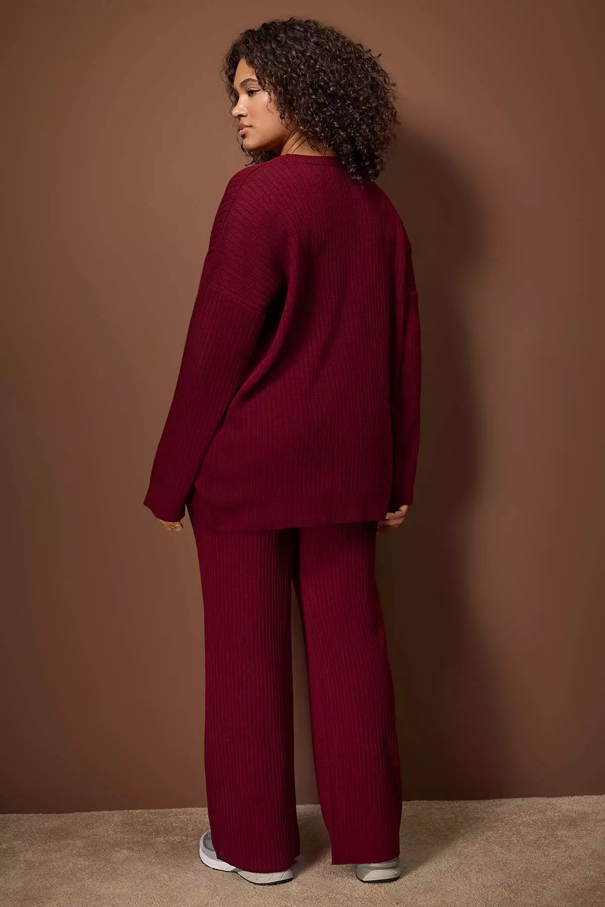 Burgundy Ribbed Crew Neck Knitwear Sweater Pants Set Tbbaw23Cp00044