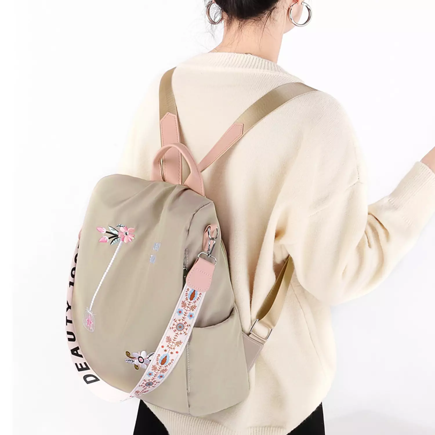 Wakakids Tas Backpack Wanita 2in1 Ransel dan Selempang Lovely Flowers Anti Maling dan Air Venrz Cream