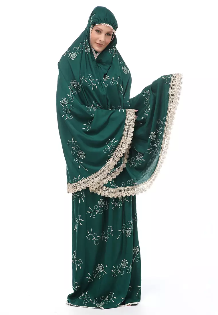 Hanjani Mukena Muslimah Atasan Bawahan Wanita Motif Bunga Relaxed Fit - Hijau Botol