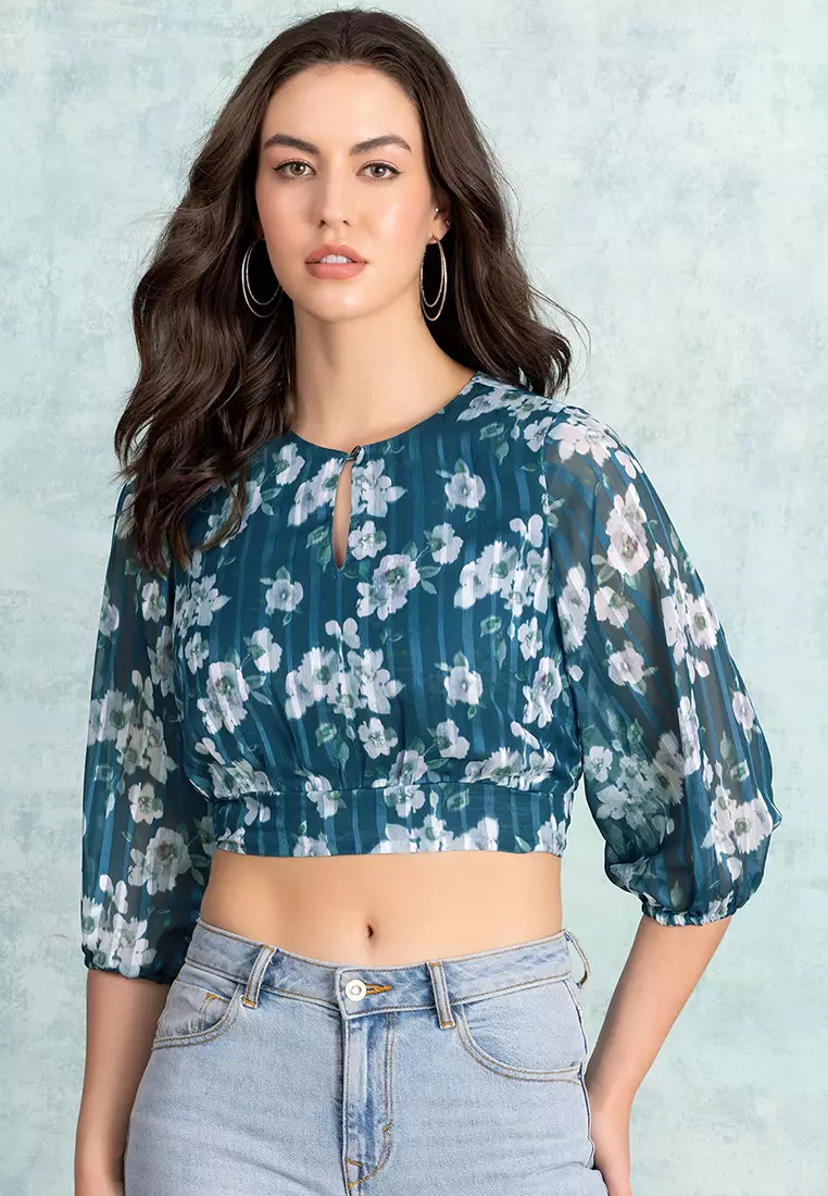 Teal Blue Floral Print Crop Top