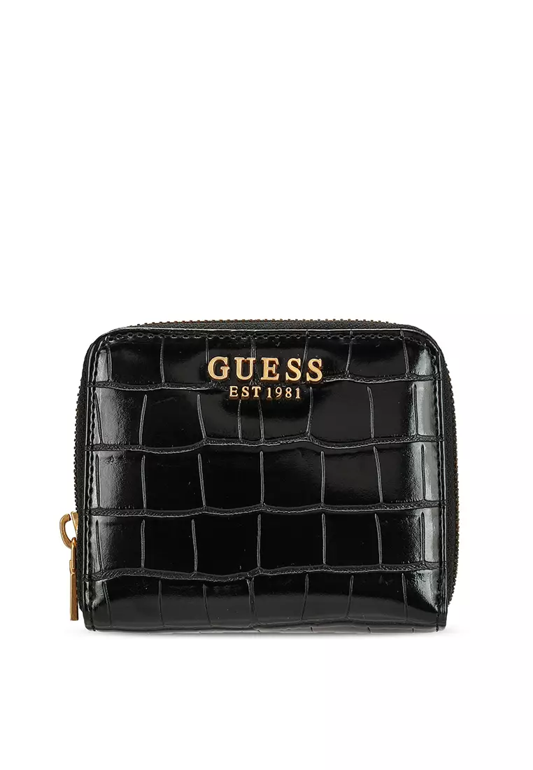 Guess Croc Effect Small Zip Around Wallet in Black Faux Leather