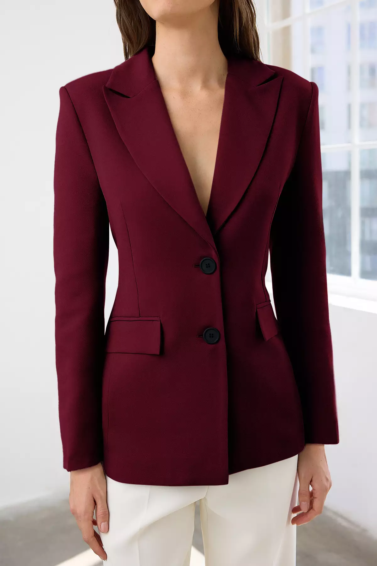 Burgundy Fitted/Close-Fitting Woven Blazer Jacket Twoaw26Bc