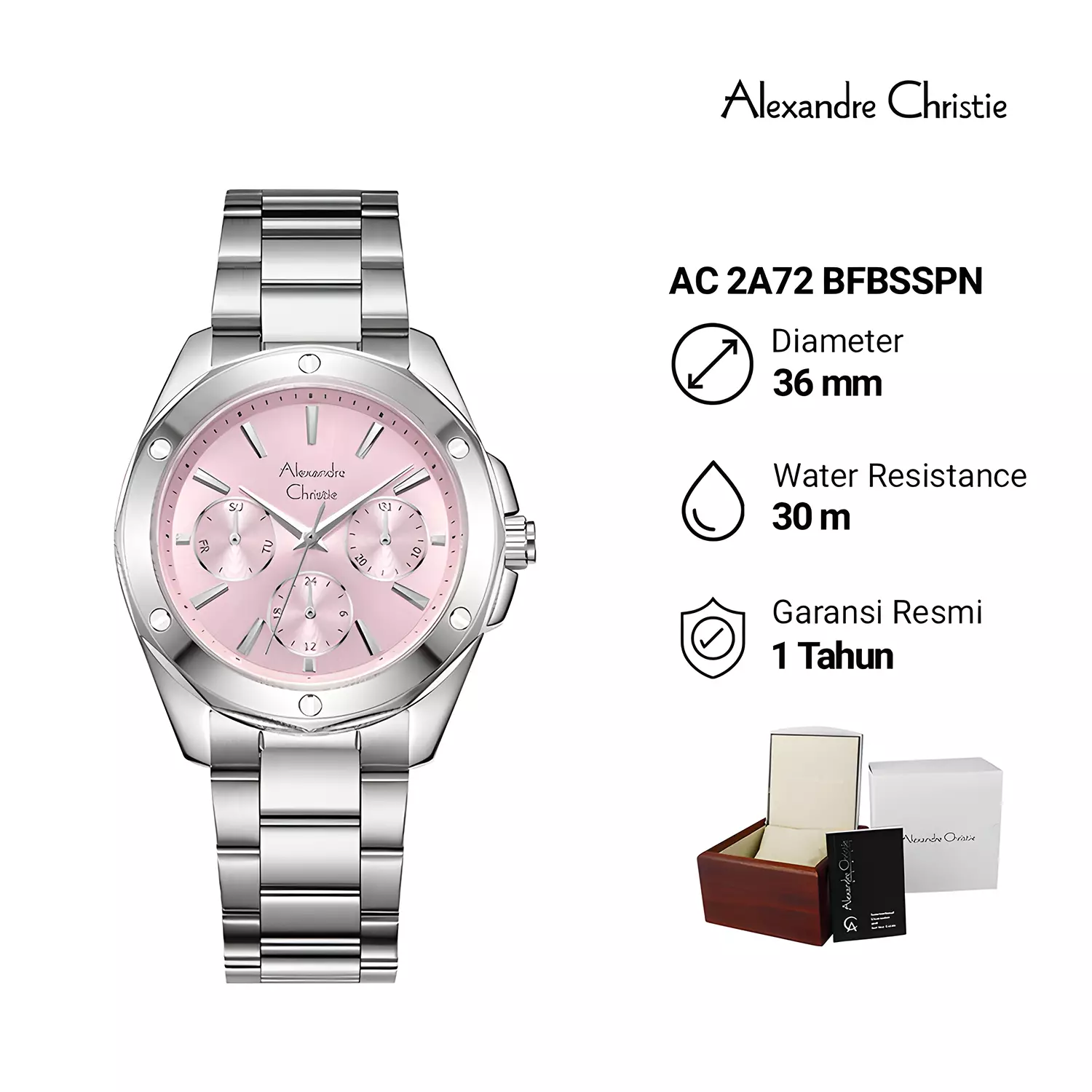 Alexandre Christie Multifunction Chronograph - Jam Tangan Analog Wanita - Pink Dial - All Silver Stainless Steel - 2A72 BFBSSPN