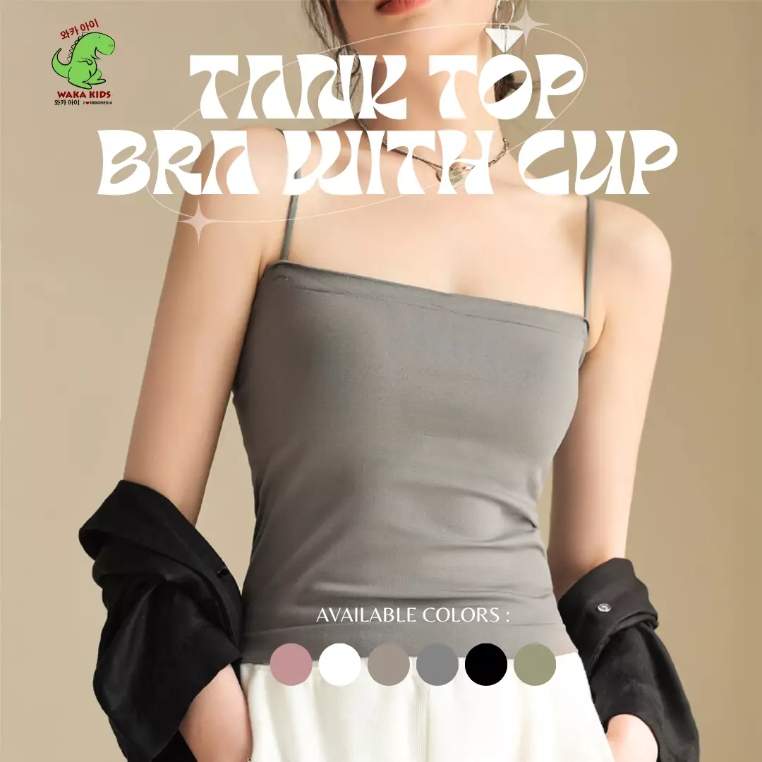 Wakakids Tanktop Bra With Cup Wanita Basic Square Tali Spaghetti Polos Tanpa Kawat 4503 Venrc Abu