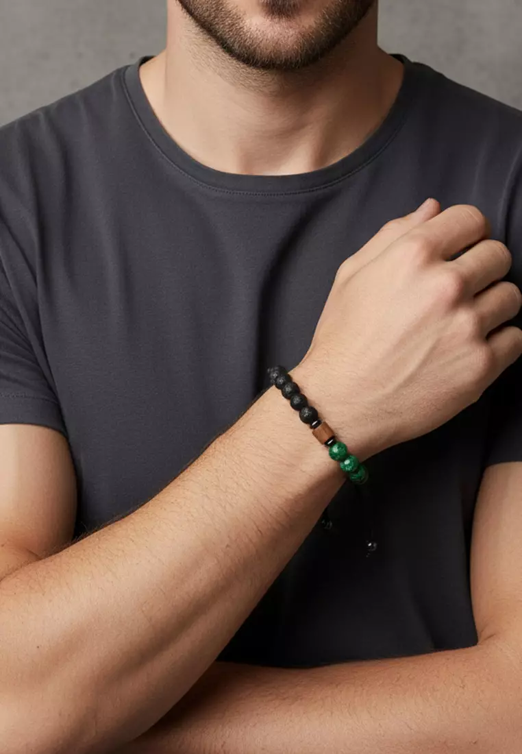 Aksesoris Gelang Pria Macrame Wooden Stump Center Malachite & Lava Stones Bracelet Black & Green