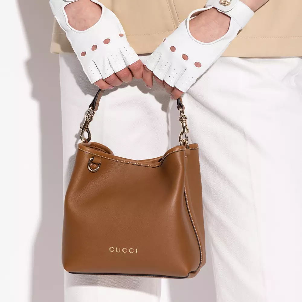 GG Emblem Small Smooth Leather Bucket Bag Brown