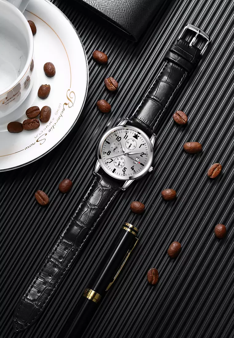 Jam Tangan Pria 7004 Original Anti Air Kuarsa Tali Kulit Jam Tangan Cowok black white