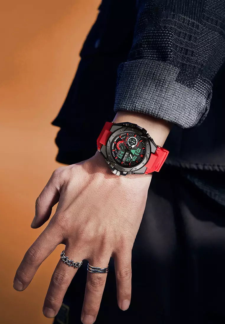 Jam Tangan Pria D009 Digital Analog Tali Rubber Chronograph Olahraga Jam Tangan Cowok redblack