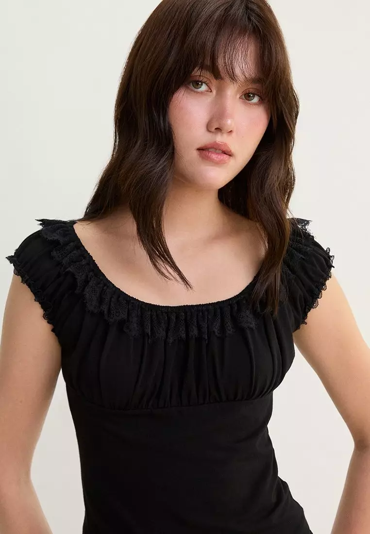 Ruffle Trim Wide Neck Top - Black