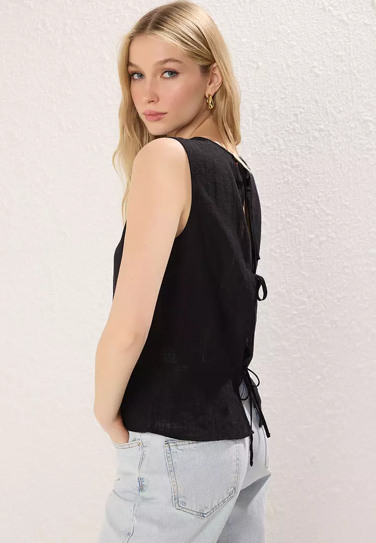 Black Tie Detailed Thin Fabric Woven Blouse