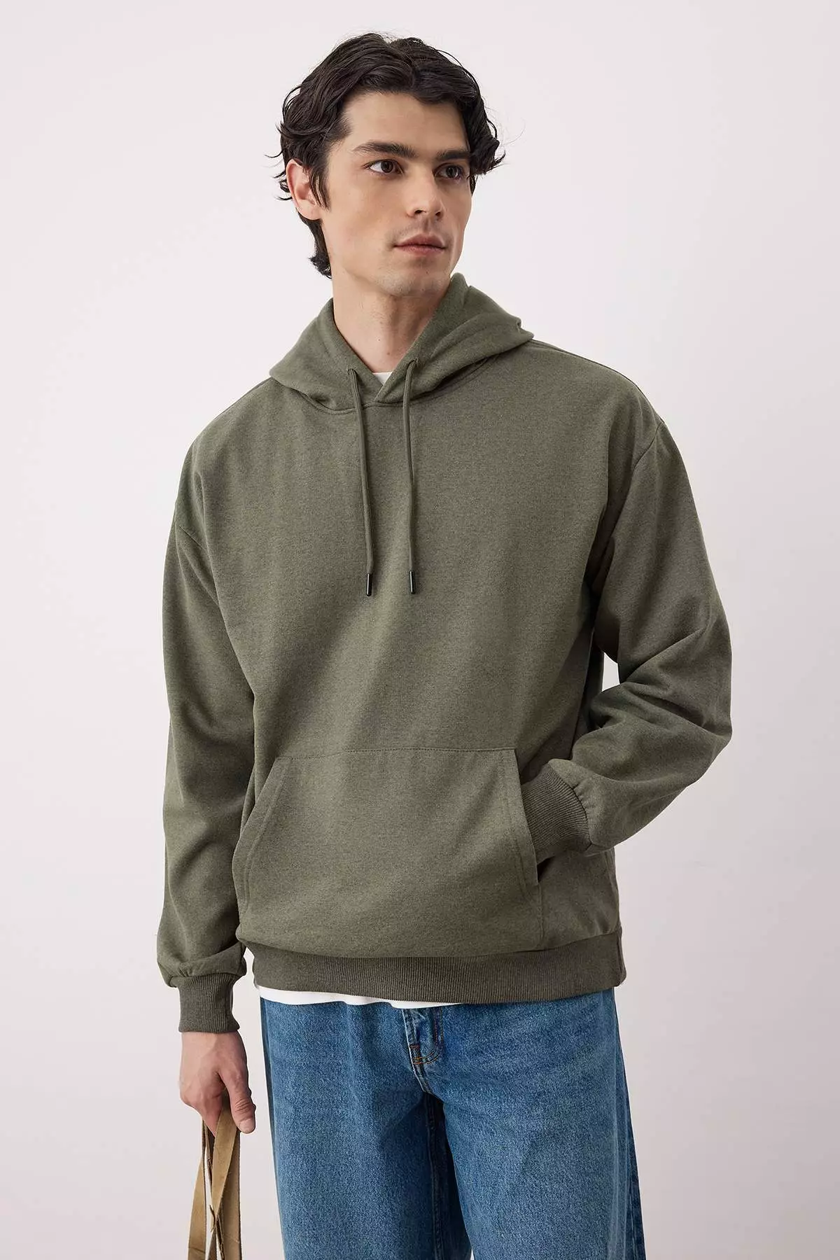 Khaki Oversize/Wide Cut Hooded Fleece/Warm Floral Printed Sweatshirt