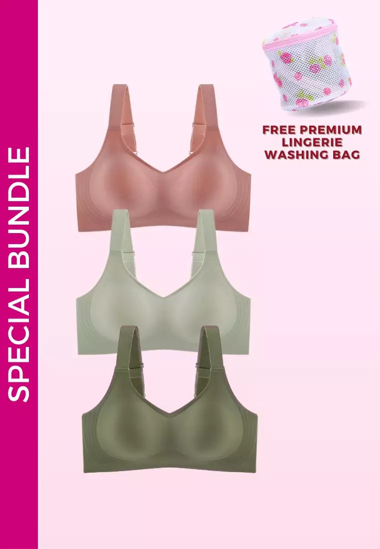 3 Pack Premium Melinda Seamless Wireless Padded Support Bra in Pink, Grey and Green