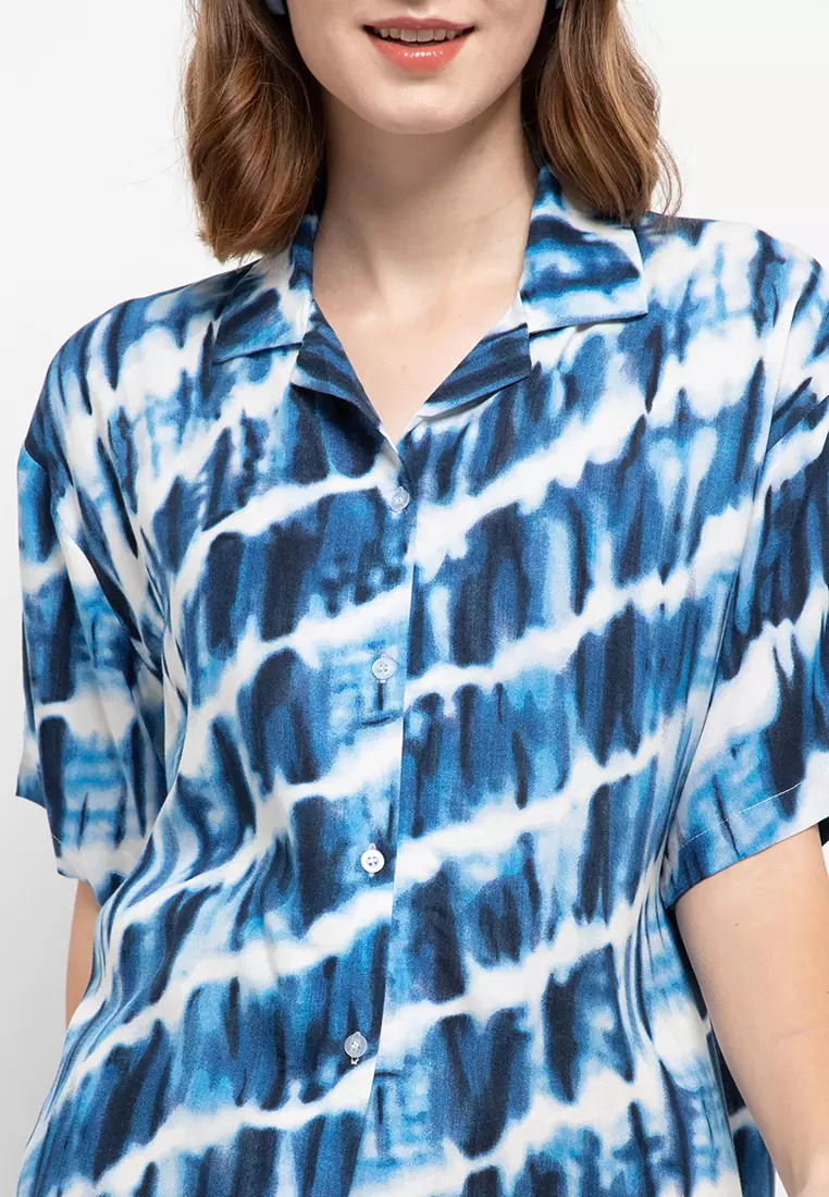 Nade Japan FTA33 Vcs Kemeja Rayon Tie Dye Slanted Kerah 2-in-1 Kemeja Piyama Wanita Biru