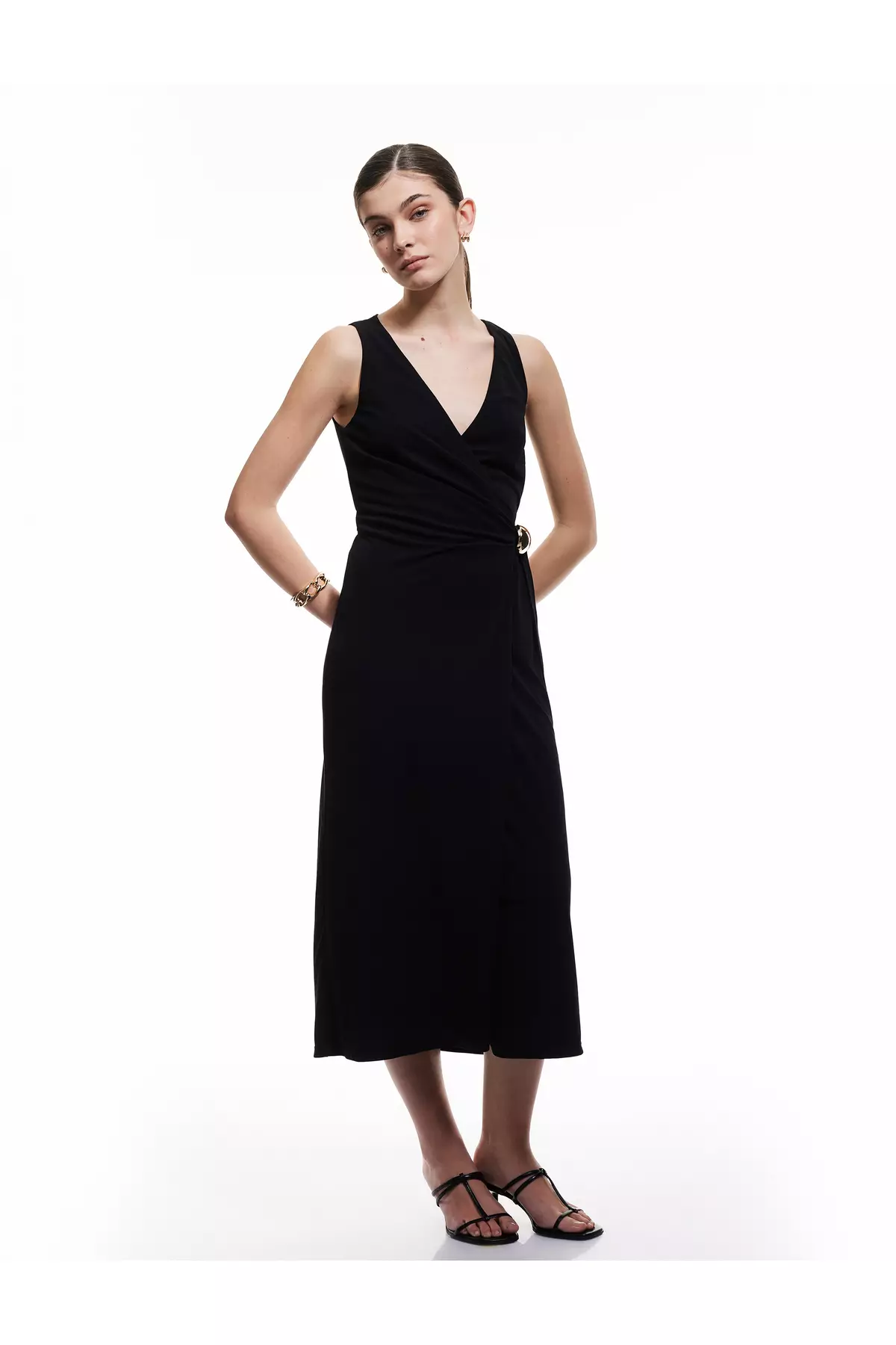 Sleeveless V Neck Long Double Breasted Dress With Metal Accessories Detail