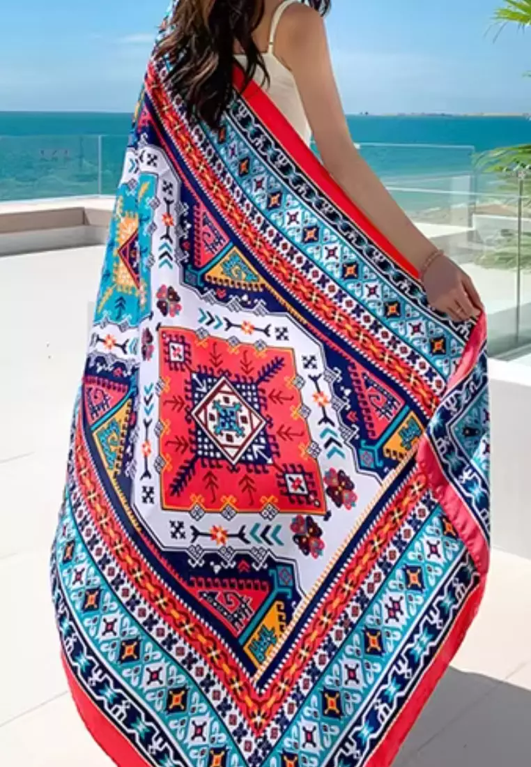 Aksesoris Wanita Mosaic Boho Pattern Tassels Viscose Shawl Syal Wanita Red