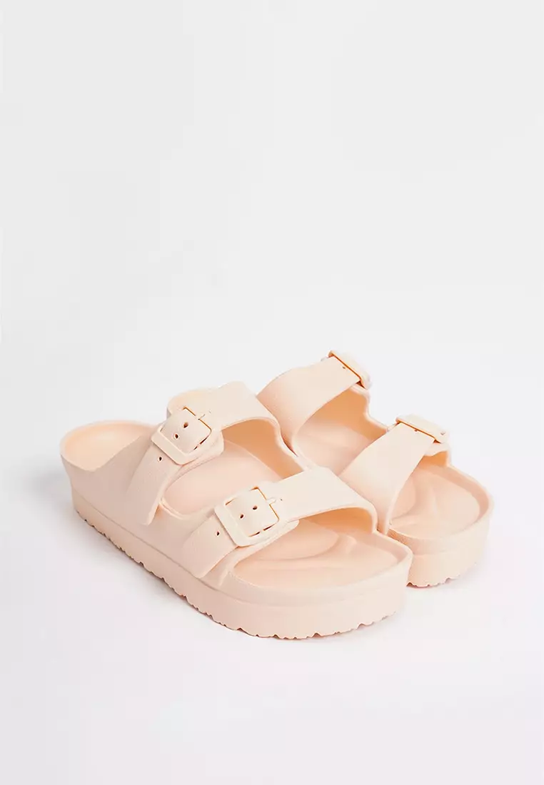 Women's Platform Two Band Slides With Buckle