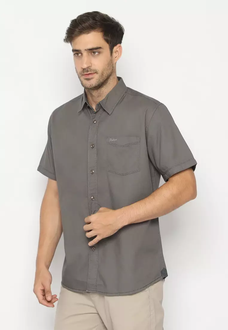 POLICE Kemeja Polos Cotton Oxford Dark Grey Regular Fit Pria