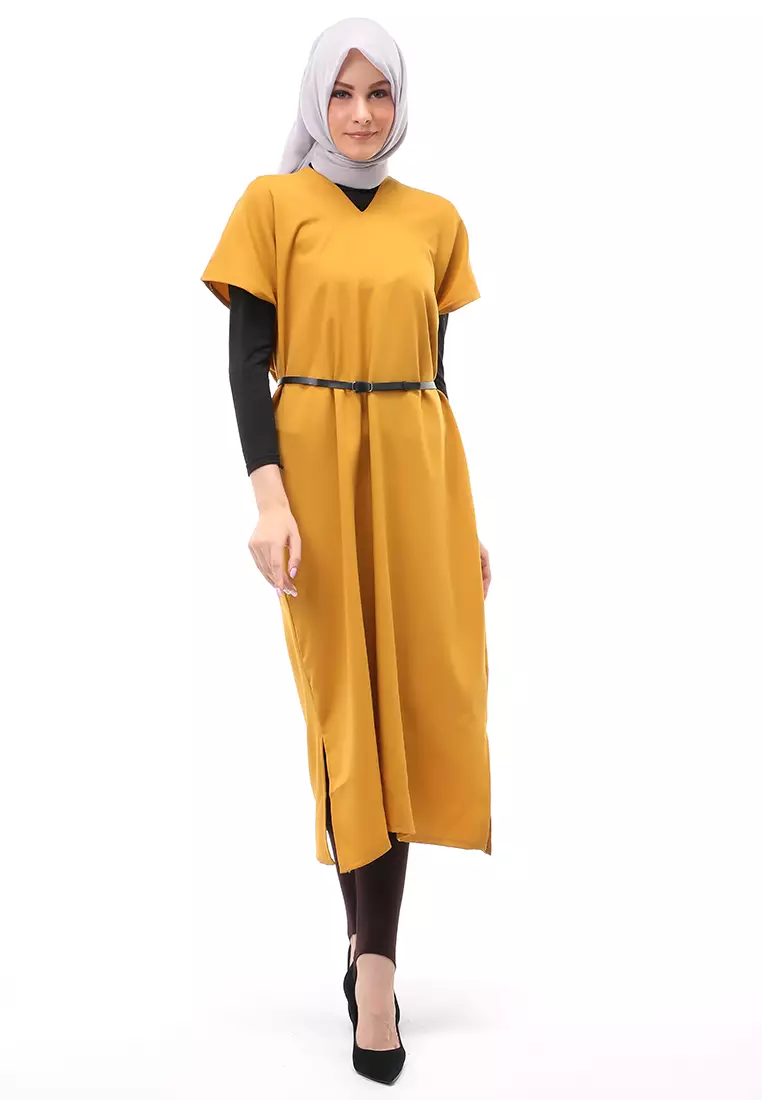Priska Tunik Muslimah Polos Atasan Wanita Free Belt & Inner High Quality - Mustard