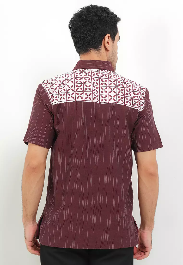 Hem Lengan Pendek Katun Batik Lurik Garutan Eksklusive Janitra Lining Furing Mahija Lengan Pendek Maroon