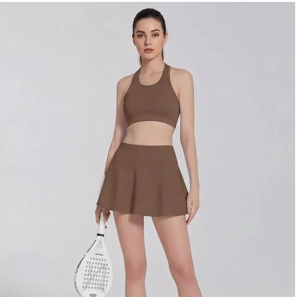 TDACTIVE Rok Padel Tenis Wanita Legging inside Skort ada Kantong TdBolt Coklat LB152