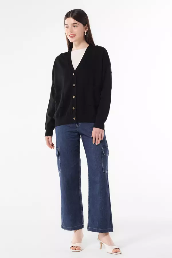MINIMAL - Saturn - Cardigan Rajut Relaxed Fit - Black Warna Black